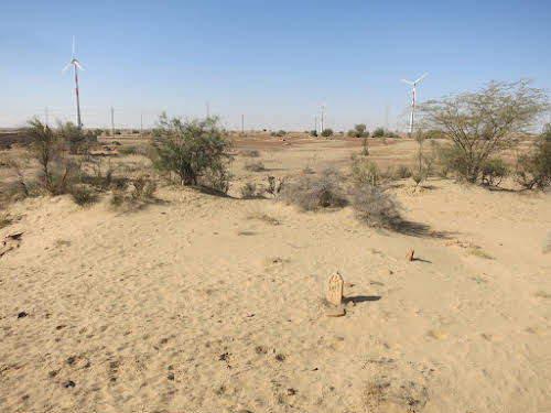 India. Rajasthan Thar Desert Camel Trek. Windmills from the army & old tomb stone.