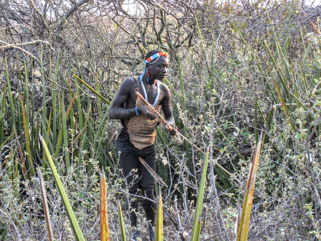 Hadzabe hunter preparing to shoot